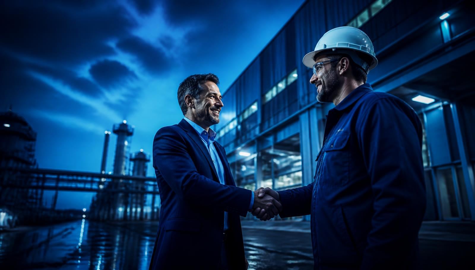 Comprador e fornecedor apertando as mãos em frente a uma planta industrial