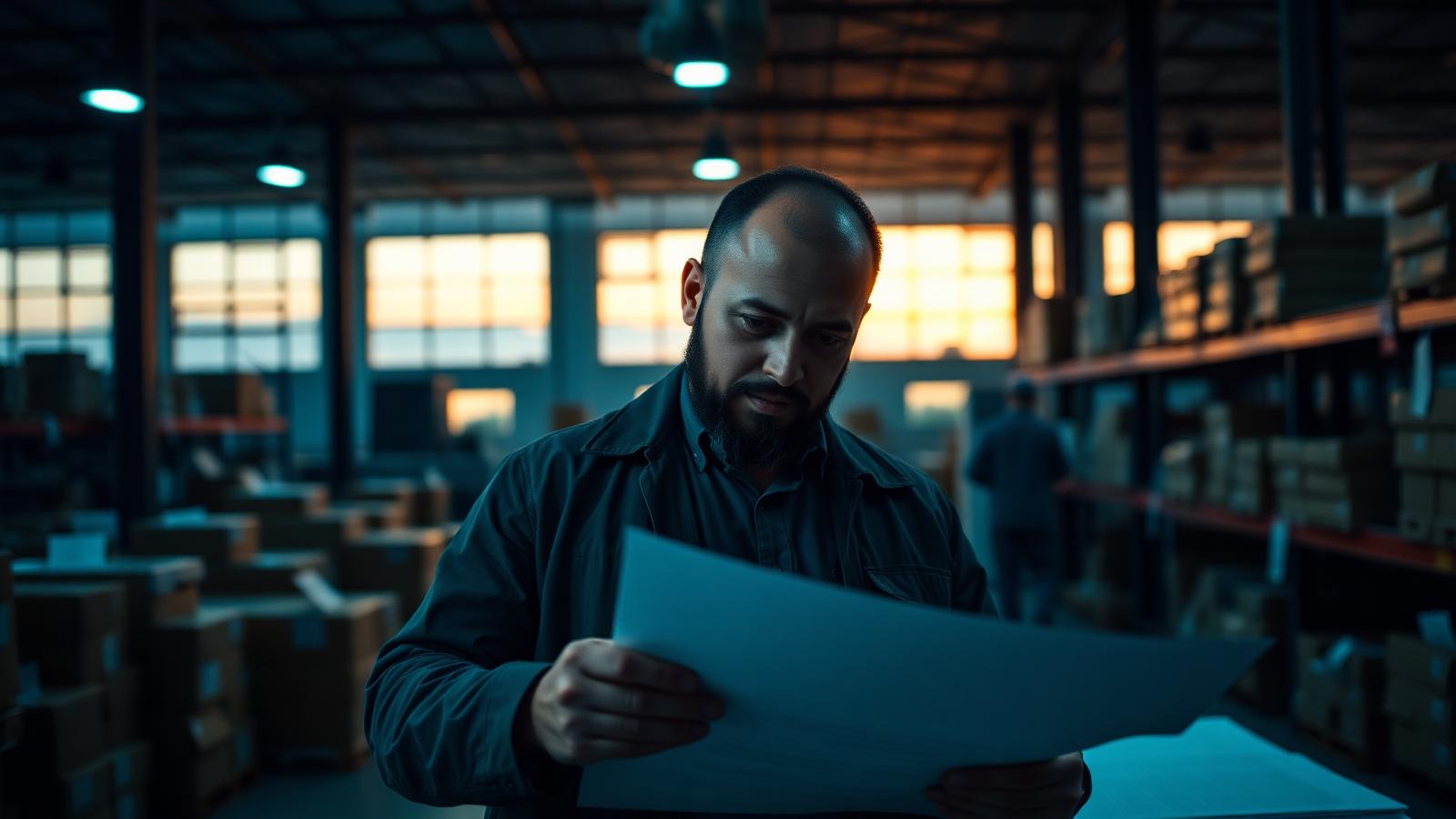 Distribuidor analisando resultados financeiros no fim do dia no centro de distribuição