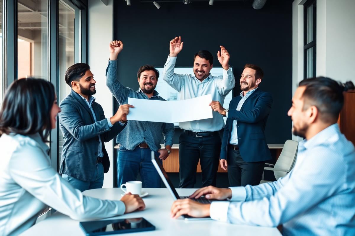 Time comercial comemorando uma venda enquanto o cliente se atende sozinho no portal