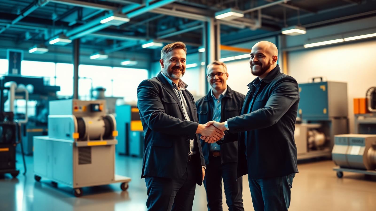 Empresário e cliente fechando negócio em um showroom de equipamentos