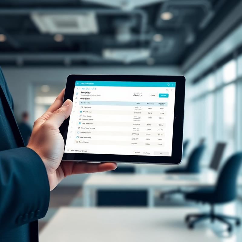 Gestor conferindo notas e duplicatas a receber em um tablet